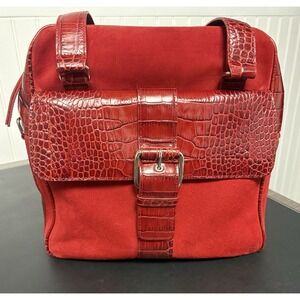 Levenger Suede Leather Shoulder Bag Tote Buckle Red Square Croc Top Zip Purse